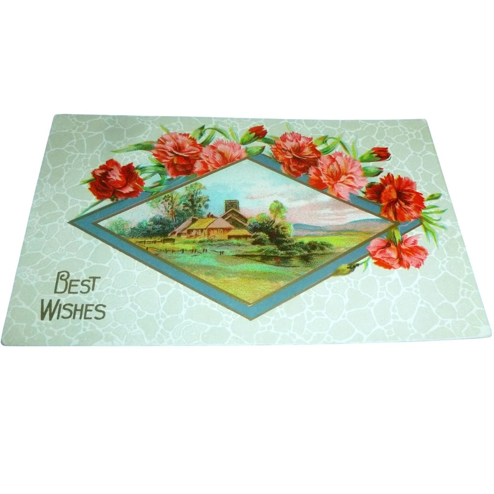 Antique Best Wishes Postcard Red Carnations Landscape Cottage Embossed Unposted